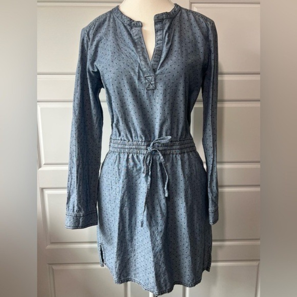 Hinge Chambray Star Lightweight Blue Denim Print Drawstring Waist Dress Small